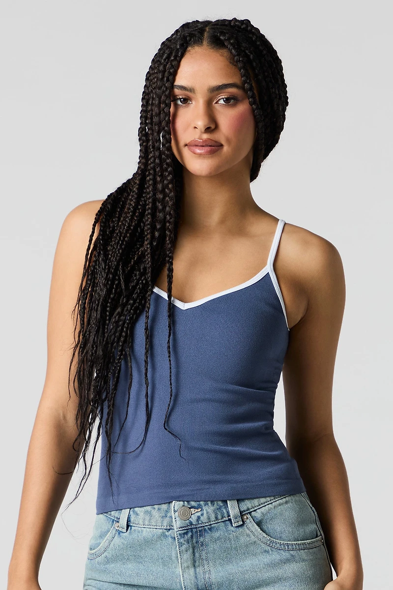 Débardeur côtelé sans couture contrastant à encolure en V