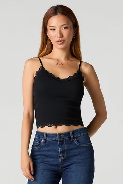 Ribbed Lace Trim V-Neck Tank with Built-In Cups