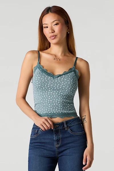 Ribbed Lace Trim V-Neck Tank with Built-In Cups