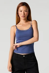 Ribbed Lace Trim Tank with Built-In Cups