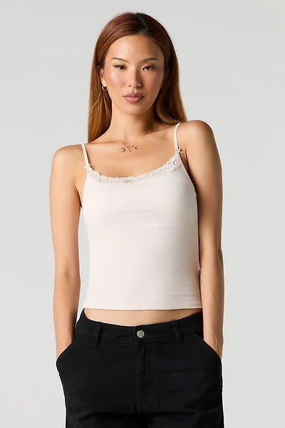 Ribbed Lace Trim Tank with Built-In Cups