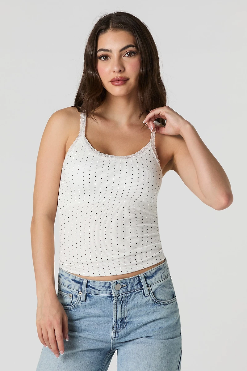 Camisole côtelée avec bonnets intégrés et garniture en dentelle