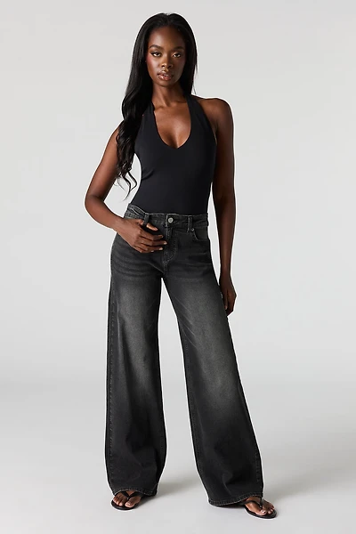 Jean extensible à jambe large Paris Noir avec taille haute