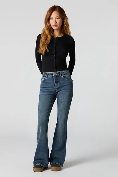 Jean extensible à taille haute et jambe évasée lavé vintage