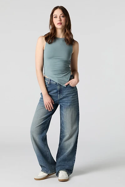 Jean rigide à jambe large et taille haute délavé moyen vintage