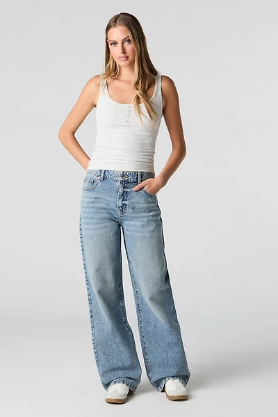 Jean rigide à jambe large délavé vintage moyen taille haute