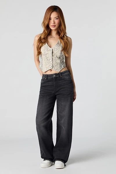 Jean extensible délavé noir à jambe large et taille haute