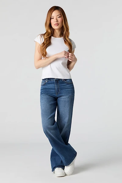 Jean extensible délavé foncé à jambe large et taille haute