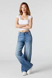 Jean extensible délavé moyen à jambe large et taille haute