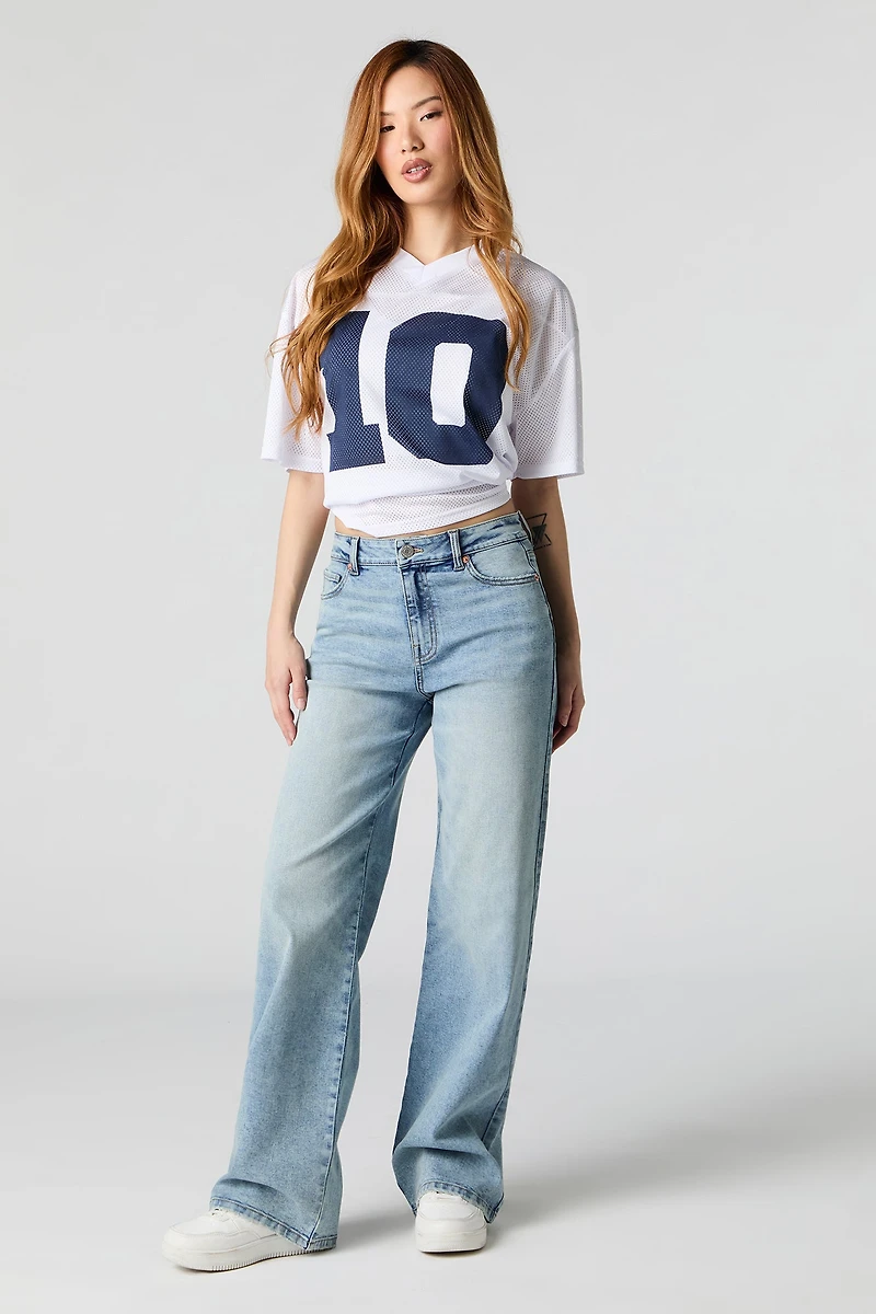 Jean extensible délavé pâle à jambe large et taille haute