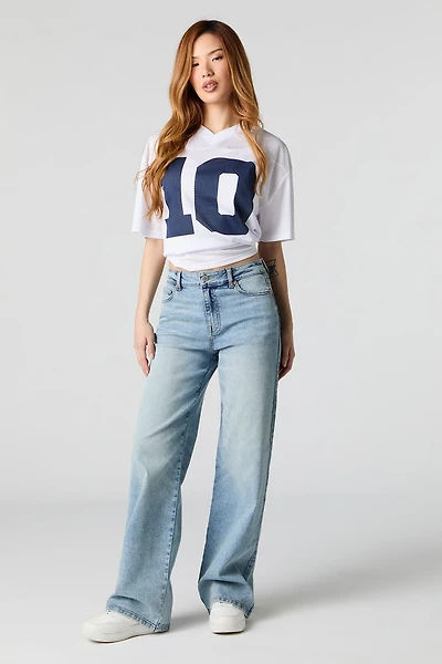 Jean extensible délavé pâle à jambe large et taille haute