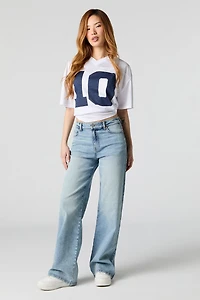 Jean extensible délavé pâle à jambe large et taille haute