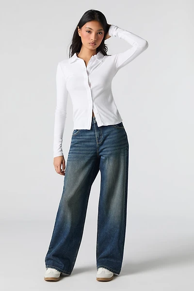 Jean extensible à jambe large délavé foncé vintage taille basse