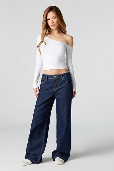 Jean extensible délavé foncé à jambe large et taille basse