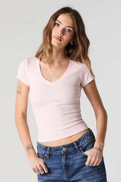 T-shirt côtelé à col en V