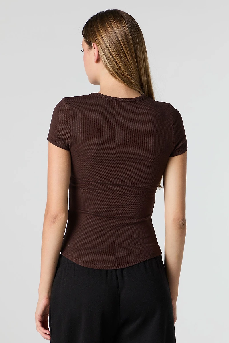 Ribbed Curved Hem T-Shirt