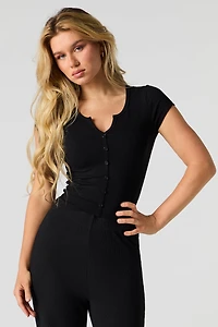 Ribbed Button-Up Short Sleeve Top