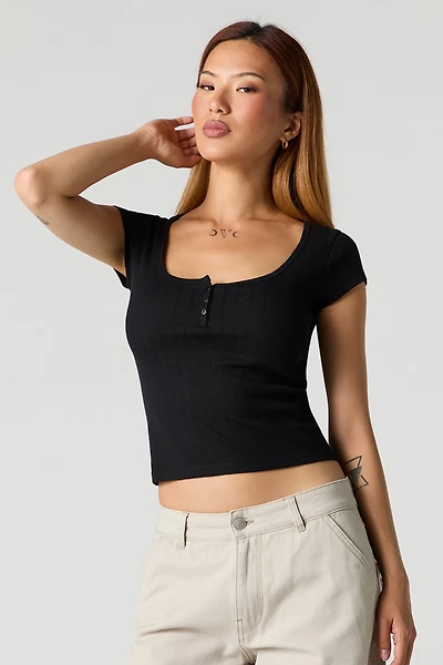 Pointelle Ribbed Henley Top