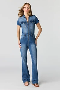 Justaucorps en denim extensible à manches courtes