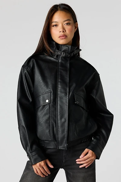Faux-Leather Bomber Jacket