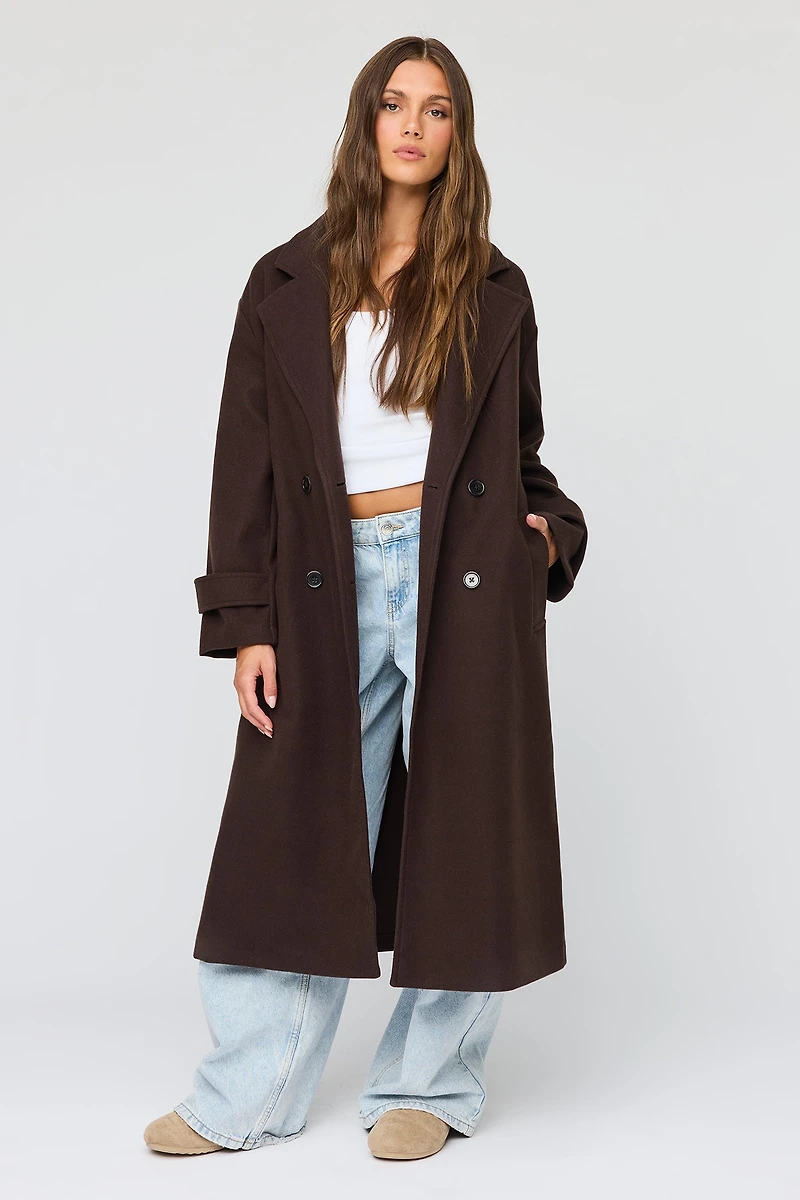 Faux Wool Double Breasted Midi Coat