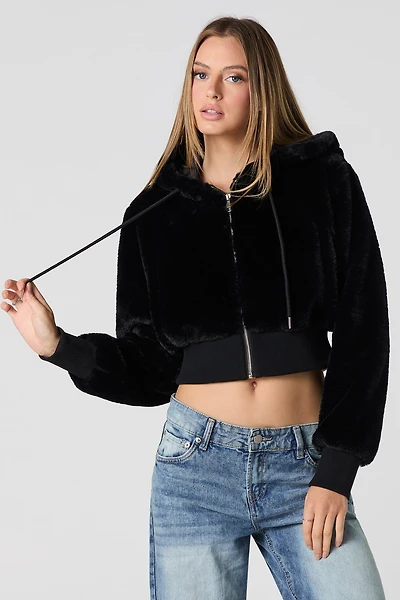 Faux-Fur Zip-Up Cropped Hooded Jacket