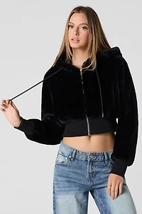 Faux-Fur Zip-Up Cropped Hooded Jacket