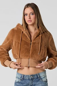 Blouson écourté à capuchon en similifourrure avec glissière