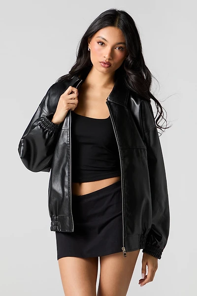Faux Leather Oversized Bomber Jacket