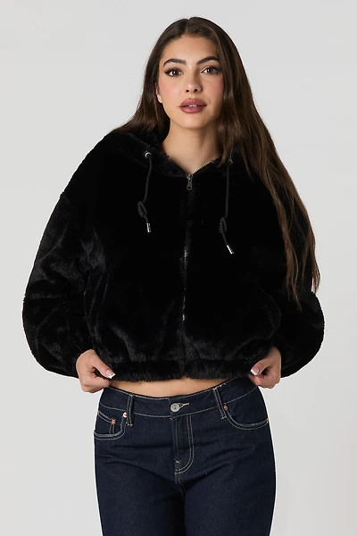 Faux Fur Hooded Bomber Jacket