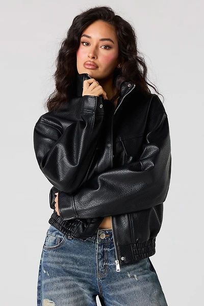 Faux Leather Oversized Bomber Jacket