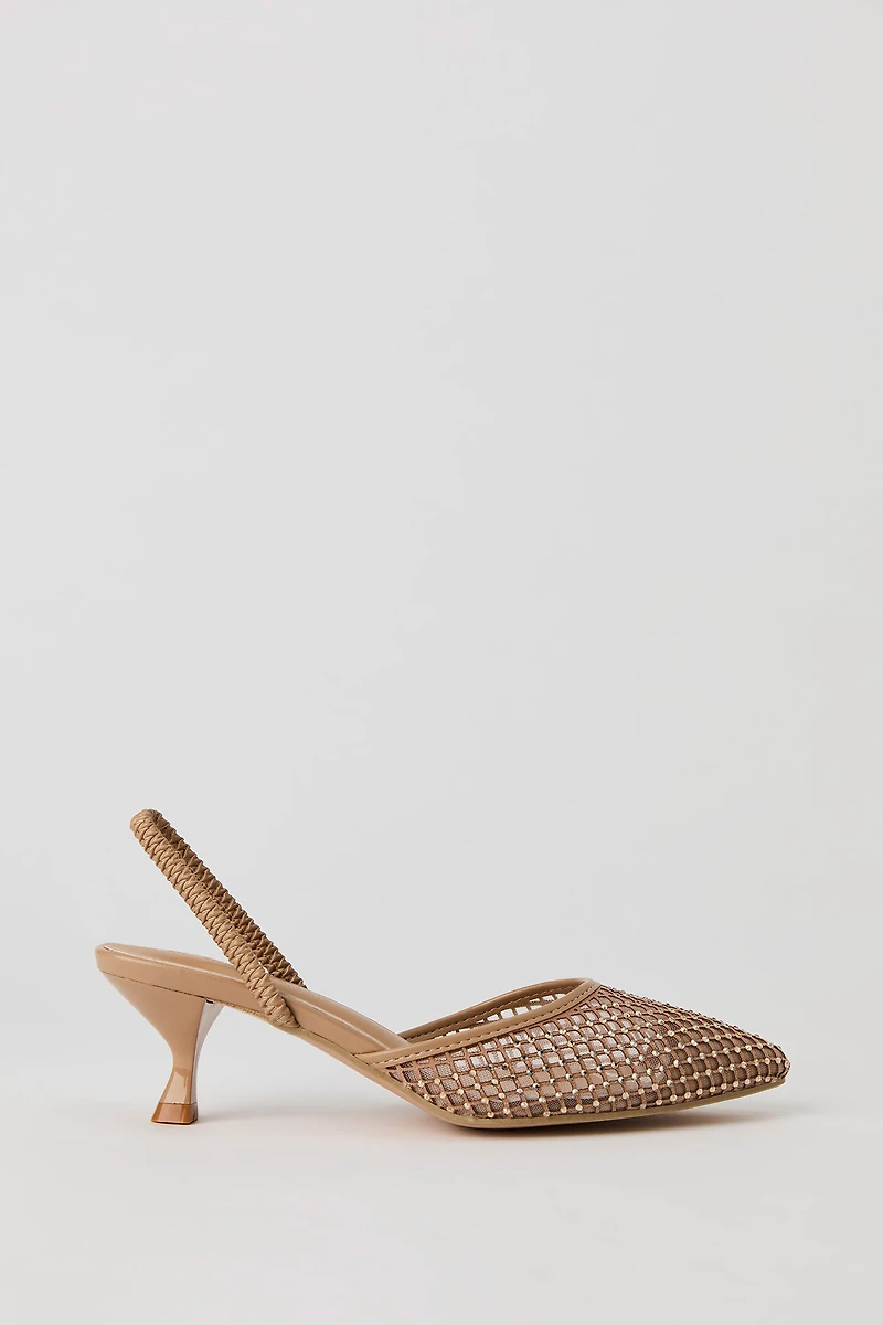 Chaussure à bride arrière en filet et pierres du Rhin avec talon bottine