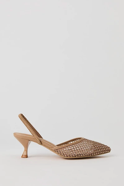Chaussure à bride arrière en filet et pierres du Rhin avec talon bottine