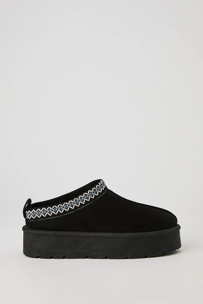 Faux Suede Embroidered Platform Slipper Booties