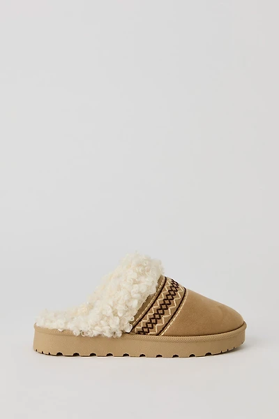 Embroidered Faux Fur Collared Slipper Booties