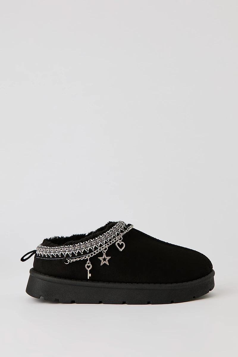 Faux-Suede Embroidered Slipper Booties with Charms