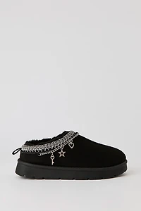 Faux-Suede Embroidered Slipper Booties with Charms