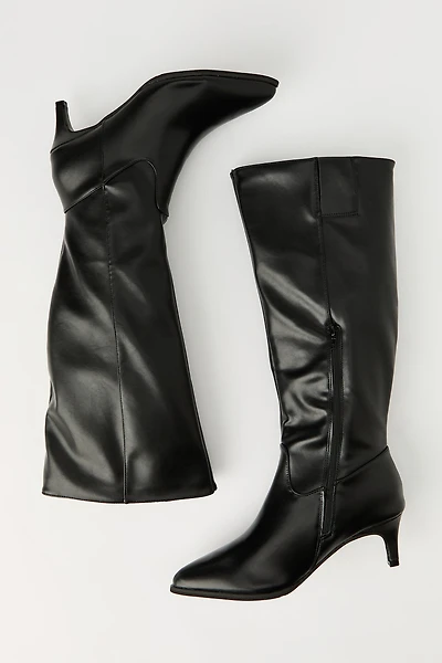 Faux Leather Knee High Kitten Heel Boot