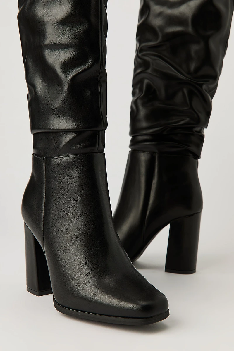 Ruched Block Heel Calf Boots