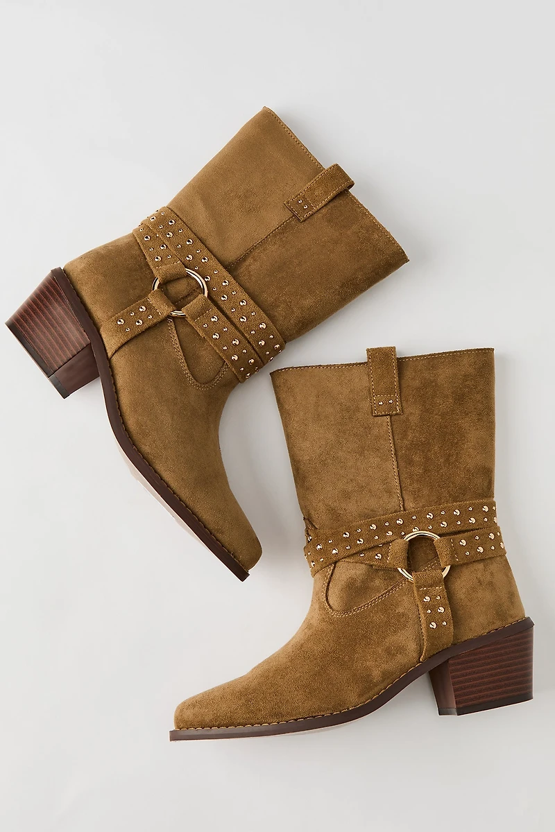 Faux Suede Studded Strap Boot