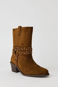 Faux Suede Studded Strap Boot