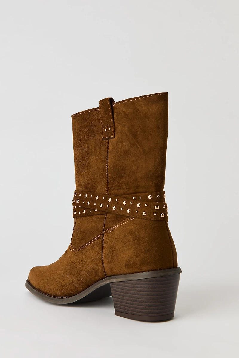 Faux Suede Studded Strap Boot
