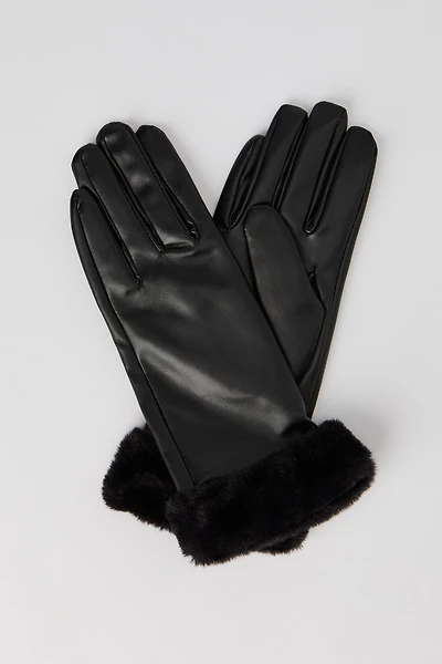 Fur Trim Faux-Leather Gloves