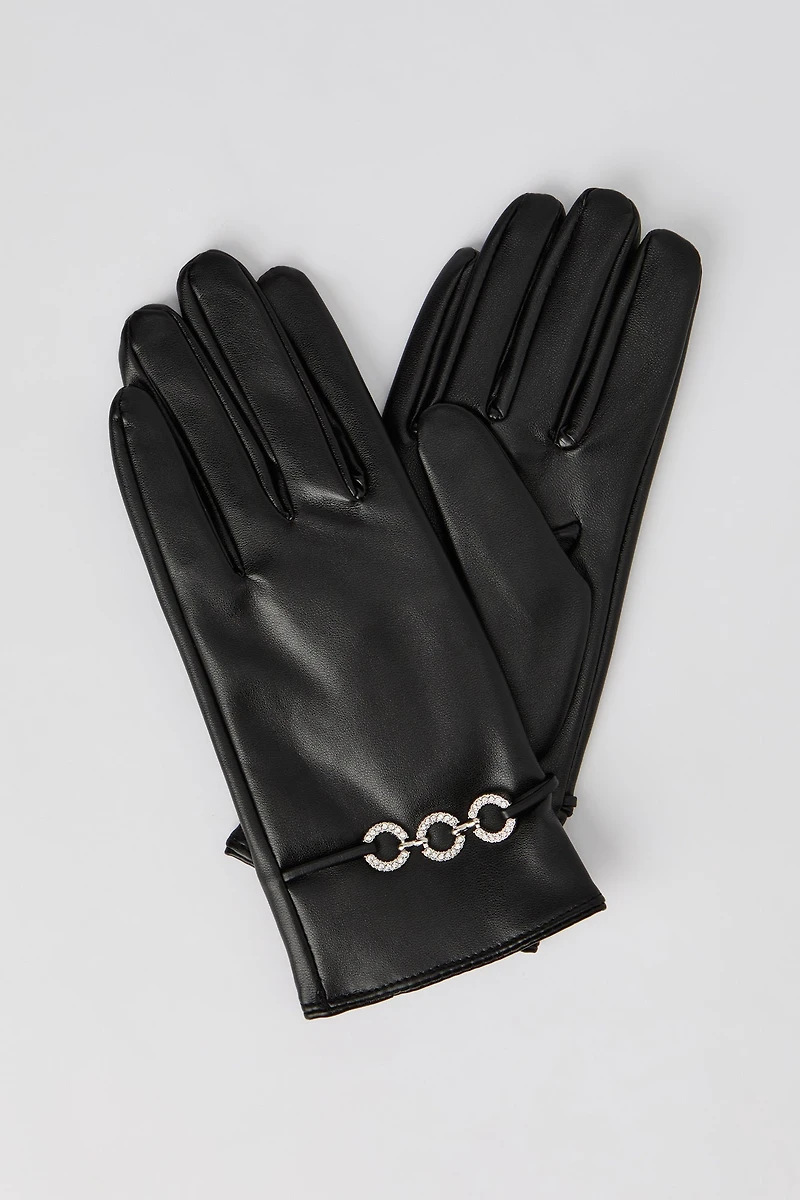 Rhinestone Chain Faux Leather Gloves