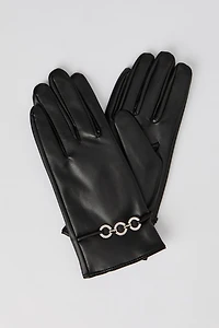 Rhinestone Chain Faux Leather Gloves