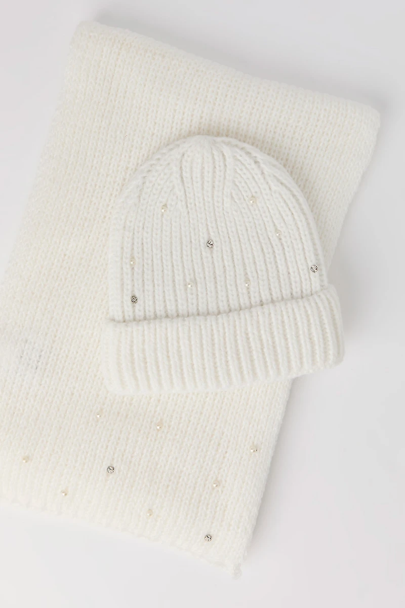 Rhinestone Pearl Beanie & Scarf Set