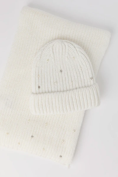 Rhinestone Pearl Beanie & Scarf Set