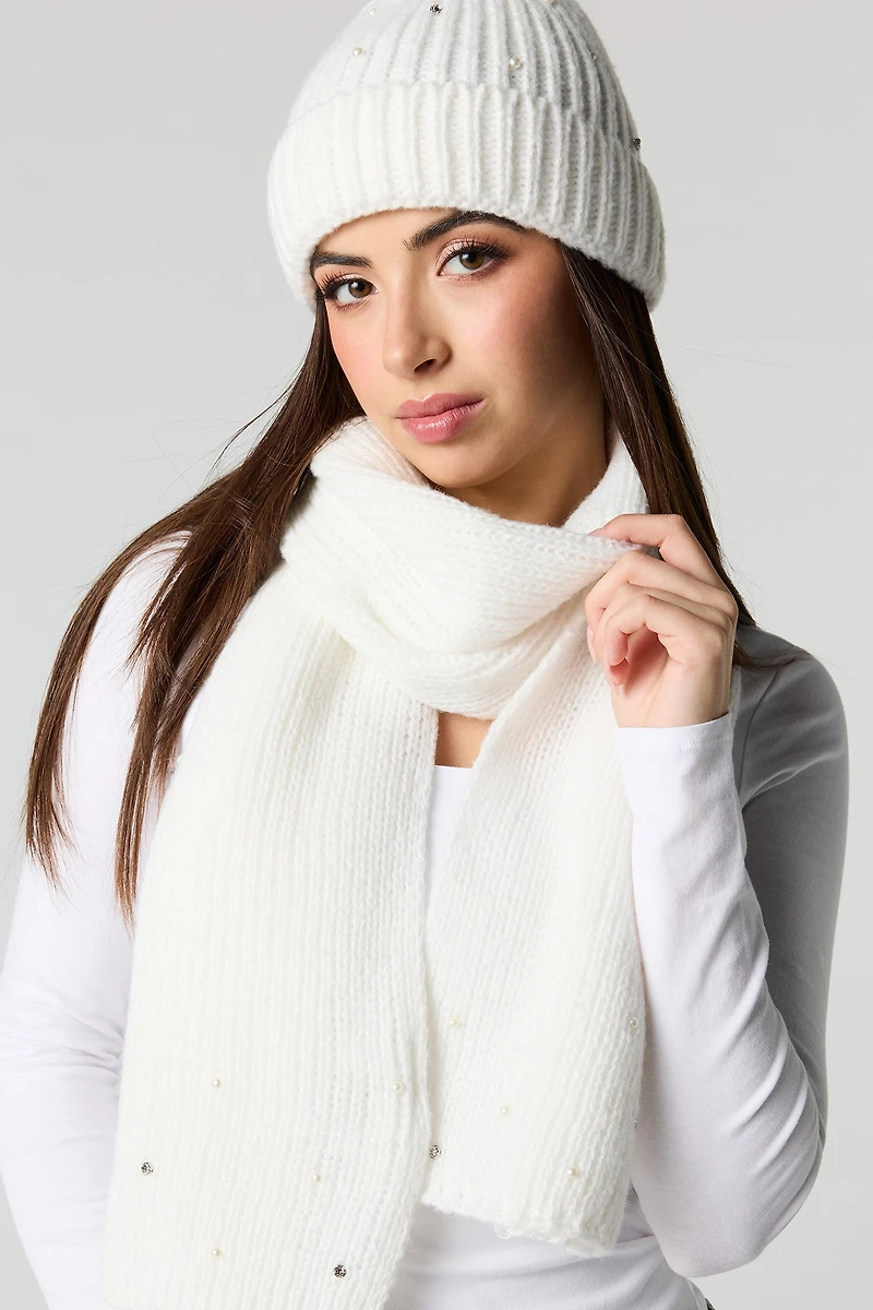 Rhinestone Pearl Beanie & Scarf Set