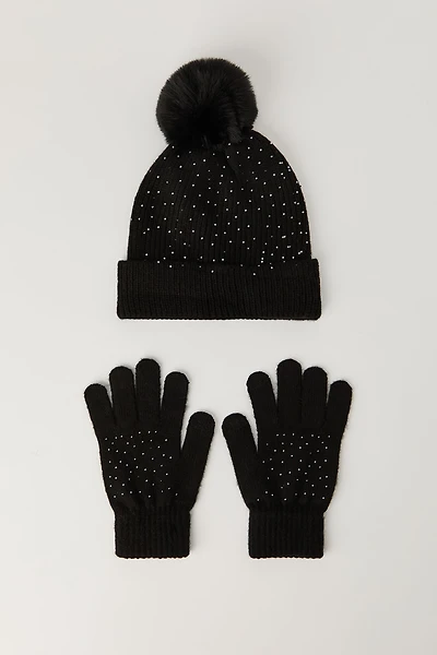 Rhinestone Beanie & Gloves Set (3 Pcs)