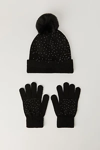 Rhinestone Beanie & Gloves Set (3 Pcs)